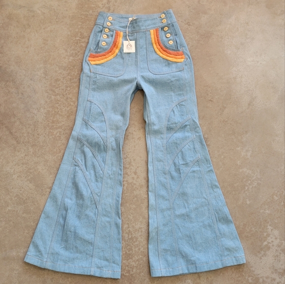 💔SOLD💔 Chasing Unicorns Red Hot patchwork denim Rainbow 🌈 embroidered flares - Picture 3 of 8